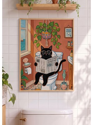 Pena Tablo Komik Banyo Tablosu -  Ahşap Çerçeveli Klozette Gazeteli Kedi Duvar Dekoru - Kedili Tablo