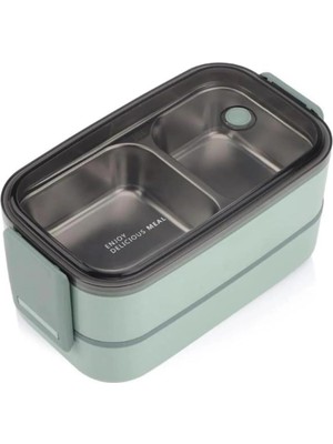 Sh Ticaret Vagonlife Beslenme Kutusu Iki Katlı - Paslanmaz Çelik - 1400ML (Kaşık Çatal) Lunch Box (Yeşil)