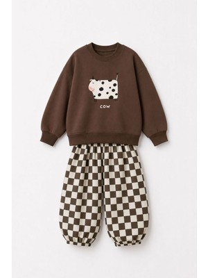 Miniğimin Cicileri Cow Baskılı Damalı Unisex Çocuk Oversize Takım - Kahverengi