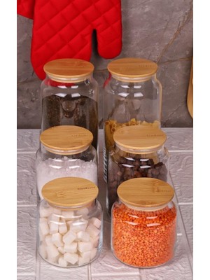 Sh Ticaret Zone - 6'lı Cam Saklama Kabı 600ML-800ML-1300ML Vakumlu Bambu Kapaklı