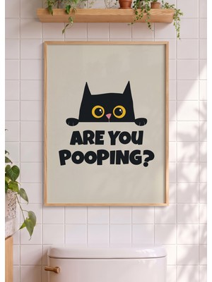 Pena Tablo Komik Banyo Tablosu Kedili -  Ahşap Çerçeveli Are You Pooping Duvar Dekoru