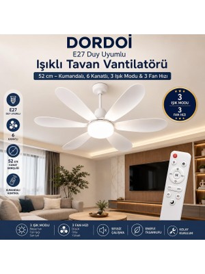 Sh Ticaret Dordoi̇ E27 Duy Işıklı Tavan Vantilatörü 52 cm – Kumandalı, 6 Kanatlı, 3 Işık Modu & 3 Fan Hı