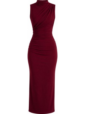 Laluvia Bordo Drapeli Yırtmaçlı Midi Elbise - 2Y4114