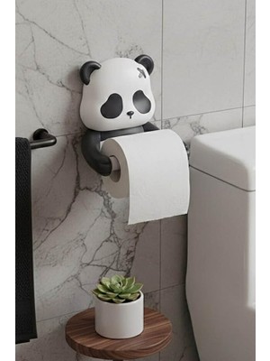 Sh Ticaret Panda Figürlü Tuvalet Kağıdı Askısı, Yapışkanlı Montaj, Plastik, Siyah, Mat, Modern, Delmesiz Banyo