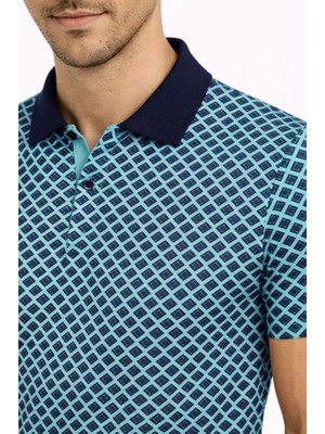 Modi Erkek Pike Kumaş Polo Yaka Desenli Tişört Kısa Kol Yazlık T-Shirt - Turkuaz