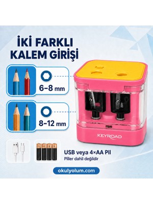 Keyroad KR973542 Çift Gözlü Pembe USB ve Pilli Elektrikli Kalemtıraş 6–12 mm