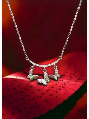 Lunel Silver 925 Ayar Gümüş Taşlı Sallanan Üç Kelebek Kolye - Zarif ve Işıltılı Tasarım (3,39 Gr.)