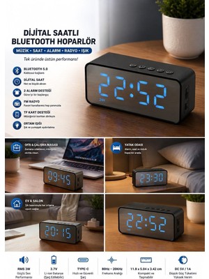 Gaman Bluetooth Kablosuz Hoparlör Dijital Masa Saati Fm Radyo Şarj Göstergeli