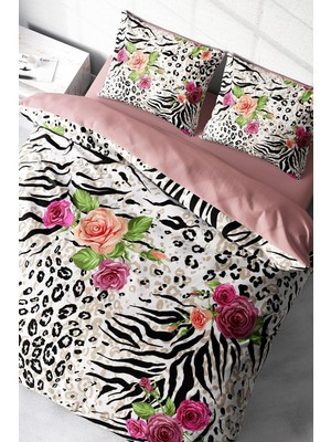 Sh Ticaret Monohome Leopar Çift Kişilik Nevresim Takımı Pamuk Saten Zebra Flowers, MONOHOME67304