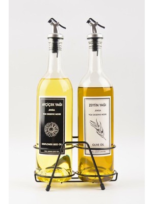 Sh Ticaret Şeffaf 750 ml Siyah Beyaz Etiketli Siyah Standlı Akıtıcılı Yağlık Yağdanlık