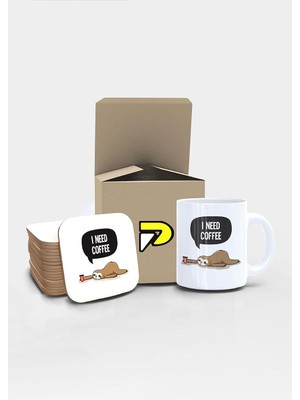 Sh Ticaret Postermanya Tembel Hayvan I Need Coffee Tasarımlı Baskılı Kupa Bardak Seti, Eğlenceli Özel Hediye M
