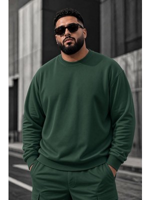 Oksit John Erkek Iki Ipli Şardonlu Düz Renk Günlük Battal Büyük Beden Bisiklet Yaka Sweatshirt