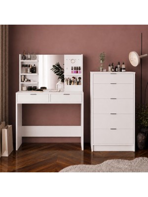 Bimossa T5070 Valeralı Diena Makyaj Masası Seti Beyaz - Aynalı, Raflı ve Geniş 5 Çekmeceli