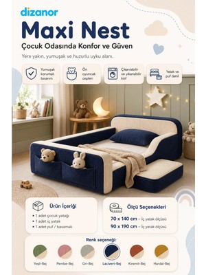 Dizanor Yeni Nesil Maxi Nest %100 Sünger ve Yıkanabilir Fermuarlı Kumaşa Sahip Bebek, Çocuk ve Genç Montessori Karyola Baza ve Başlık Yatağı Seti