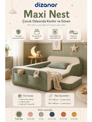 Dizanor Yeni Nesil Maxi Nest %100 Sünger ve Yıkanabilir Fermuarlı Kumaşa Sahip Bebek, Çocuk ve Genç Montessori Karyola Baza ve Başlık Yatağı Seti