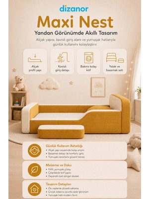 Dizanor Yeni Nesil Maxi Nest %100 Sünger ve Yıkanabilir Fermuarlı Kumaşa Sahip Bebek, Çocuk ve Genç Montessori Karyola Baza ve Başlık Yatağı Seti