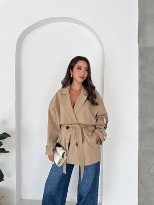 Vesantia Kadın Bej Astarlı Rüzgarlık Detaylı Premium Trençkot