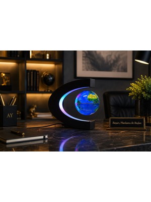 Kesene Led ışıklı Manyetik Havada Dönen Dünya Küresi Dekoratif Masa Lambası Globe Biblo 17 cm
