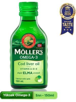 Möller's Omega 3 Elmalı 150 ml; saf morina balığı yağı, IFOS Onaylı, DHA, EPA, A D E vitamini. Çocuklar ve yetişkinler için doğal omega-3 takviyesi.