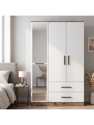Canisa Zenvare 3 Kapaklı Gardırop Beyaz Aynalı, Çekmeceli Geniş Iç Hacimli Modern Yatak Odası Dolabı
