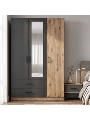 Canisa Letrina 3 Kapaklı Gardırop Antrasit Meşe Aynalı , Çekmeceli Modern Yatak Odası Dolabı