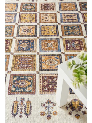 Saraz Halı Krem Turuncu Patchwork Anadolu Desenli Etnik Baskı Şönil Kilim Kaymaz Taban Salon Oturma Odası Yatak Odası Halısı SH33