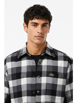 Lacoste Men's Loose Fit Button-Down Linen Shirt  Rahat Kesim Pamuklu Kareli Erkek Gömlek Gri