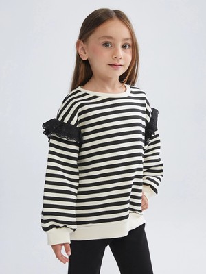 LC Waikiki Lcw Kids Siyah Bisiklet Yaka Çizgili Kız Çocuk Sweatshirt