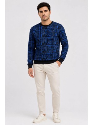 Asmedo Erkek Siyah Mavi Yazı Desenli Iki Iplik Şardonlu Sweatshirt