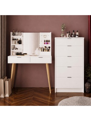 Bimossa T4070 Valeralı Bella Makyaj Masası Seti Beyaz - Aynalı, Raflı ve Torna Ayaklı