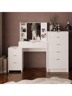 Bimossa T3070 Valeralı Izabel Makyaj Masası Seti Beyaz - Aynalı, Raflı ve Geniş 5 Çekmeceli