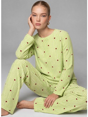 Fit Women Kadın Çizgili Kalp Desenli Uzun Yeşil Pijama Takımı