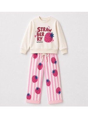 Yiğit Butik Kız Çocuk Strawberry Baskılı Çizgili Alt Üst Takım
