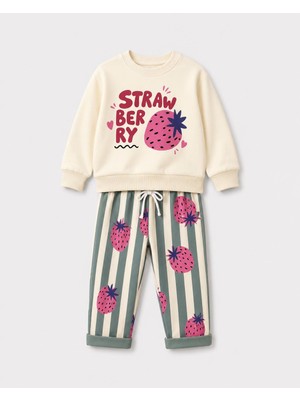 Yiğit Butik Kız Çocuk Strawberry Baskılı Çizgili Alt Üst Takım