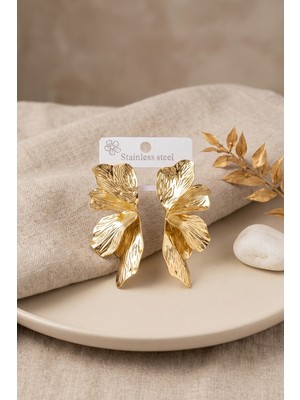İlkyaz Fashion 316L Çelik Gold Renk Lotus Yaprak Model Kadın Küpe TJ-BKP12154