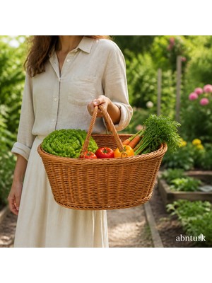 Abnturk Hasır Örgü Sepet-Çift Katlanabilir Saplı Oval Dekoratif Piknik Meyve Sebze Çok Amaçlı Sepet 34X25X18CM