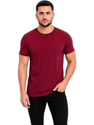 YM PAZARLAMA Erkek Basic Tişört Bisiklet Yaka Kısa Kol Günlük Yazlık Slim Fit T-Shirt - Bordo