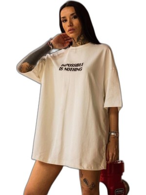 YM PAZARLAMA Kadın Bisiklet Yaka Baskılı Oversize  Kısa Kol T-Shirt - Beyaz