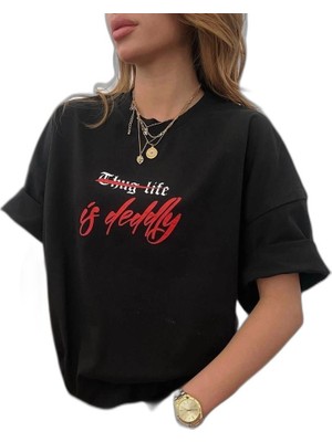 YM PAZARLAMA Kadın Bisiklet Yaka Baskılı Oversize  Kısa Kol T-Shirt - Siyah