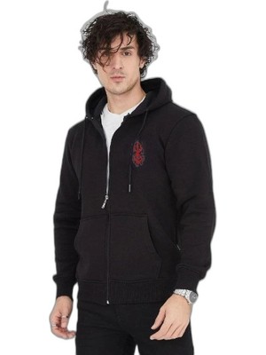YM PAZARLAMA Erkek 3 Iplik Pamuklu Kapüşonlu Tam Fermuarlı Cepli Hoodie Sweatshirt - Siyah