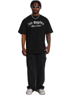 YM PAZARLAMA Erkek Baskılı Tişört Kısa Kol Bisiklet Yaka Oversize T-Shirt - Siyah