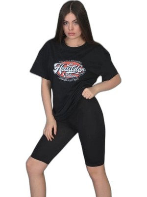 YM PAZARLAMA Kadın Kısa Kol Yazlık Tişört Bisiklet Yaka Baskılı Oversize T-Shirt - Siyah