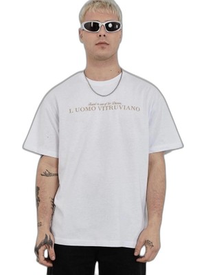 YM PAZARLAMA Erkek Bisiklet Yaka Tişort Baskılı Oversize Kısa Kol T-Shirt - Beyaz