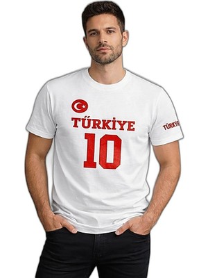 YM PAZARLAMA Erkek Türkiye Ay Yıldız Baskılı 10 Numara Forma Tişört Taraftar T-Shirt - Beyaz