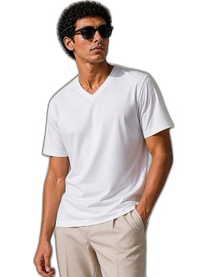 YM PAZARLAMA Erkek V Yaka Basic Tişört Kısa Kol Yazlık Regular Fit T-Shirt - Beyaz