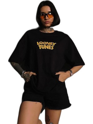 YM PAZARLAMA Kadın Bisiklet Yaka Baskılı Oversize  Kısa Kol T-Shirt - Siyah