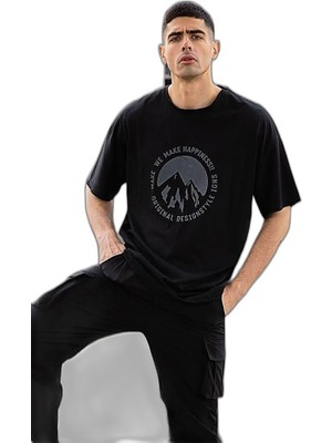 YM PAZARLAMA Erkek Baskılı T-Shirt Kısa Kol Bisiklet Yaka Regular Fit Rahat Kalıp Günlük Tişört - Siyah