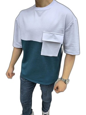 YM PAZARLAMA Erkek Kısa Kol Yazlık Tişört Torba Cepli Parçalı T-Shirt - Lacivert