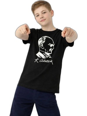 YM PAZARLAMA Erkek Çocuk Atatürk Baskılı Tişört Kısa Kollu Bisiklet Yaka T-Shirt - Siyah