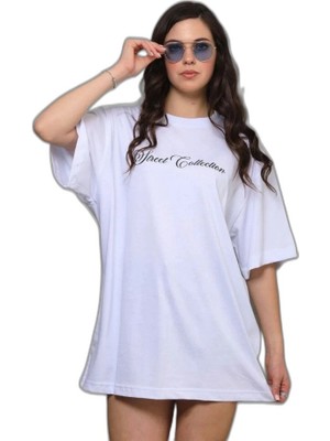 YM PAZARLAMA Kadın Kısa Kol Yazlık Tişört Bisiklet Yaka Baskılı Oversize T-Shirt - Beyaz